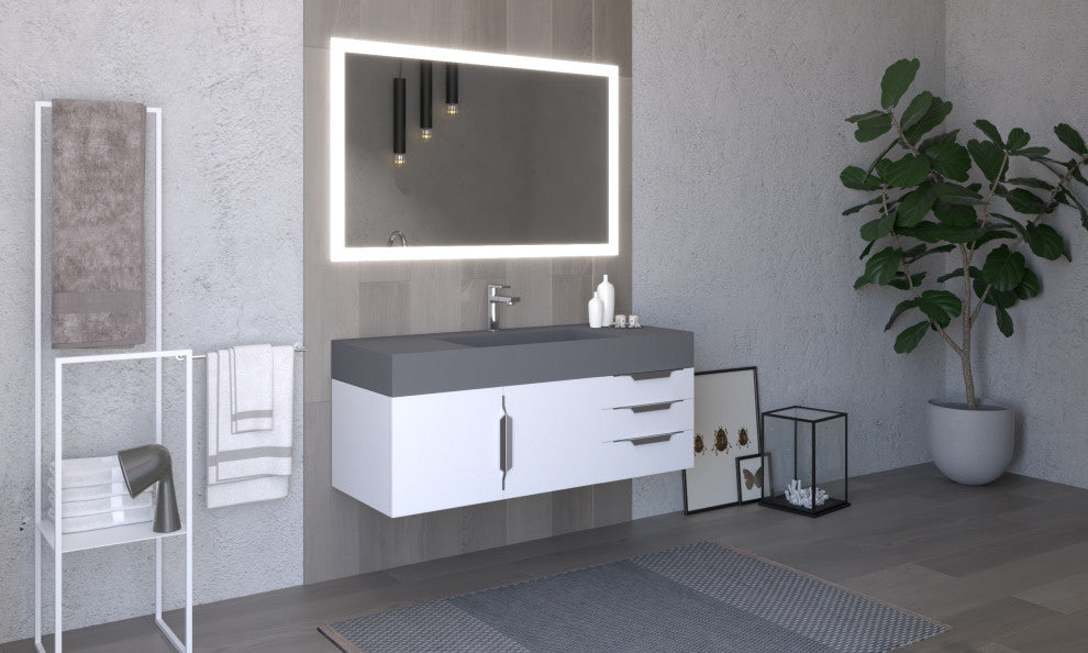 CastelloUSA Amazon 48" Wall Mounted Vanity Set, White, Gray Top, Chrome Handles