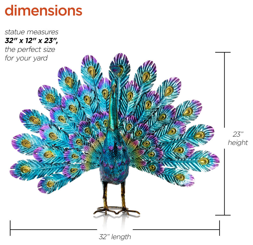 Alpine Metal Peacock Outdoor Statue, 22"Tall