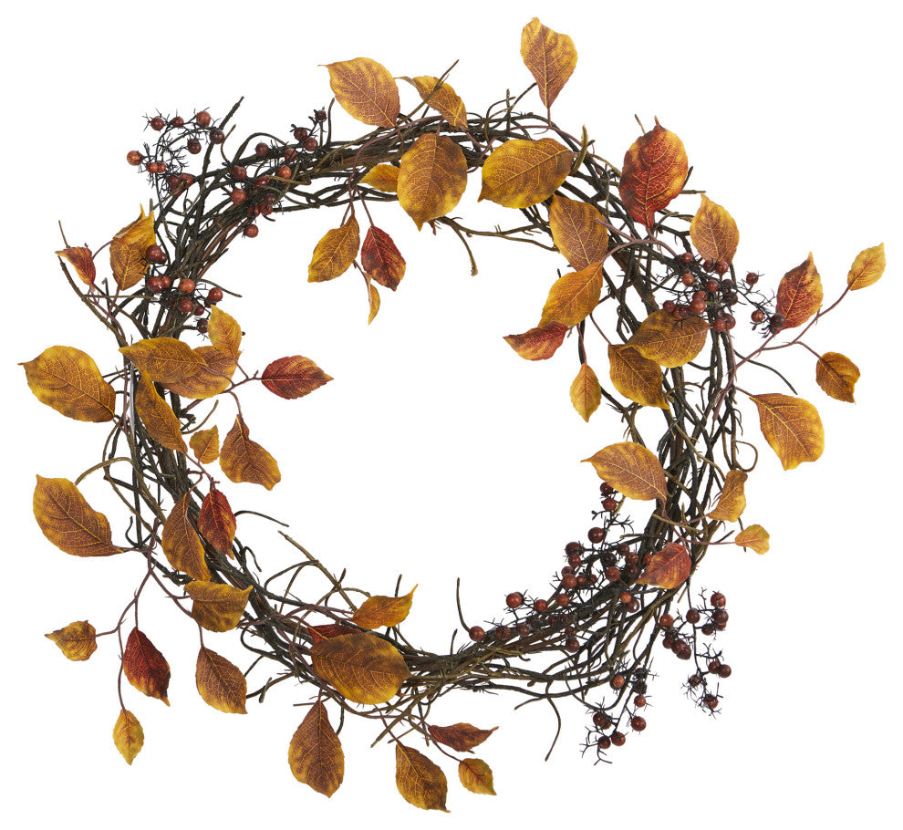 19" Harvest Leaf, Berries and Twig Artificial Wreath