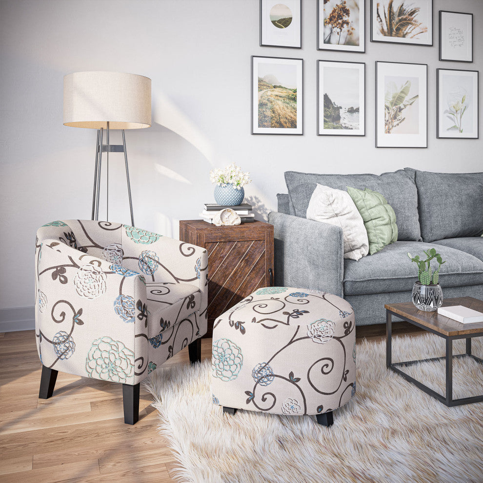 Accent Chair w/ Ottoman Round Arms Curved Back French Print Script,Beige Floral