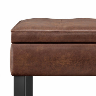 Cosmopolitan Storage Ottoman Bench With Open Bottom, Distressed Saddle Brown Faux Leather