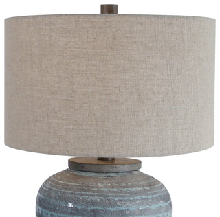 Rustic Bohemian Round Aqua Blue Gray Table Lamp, Ceramic Vintage Style Cottage