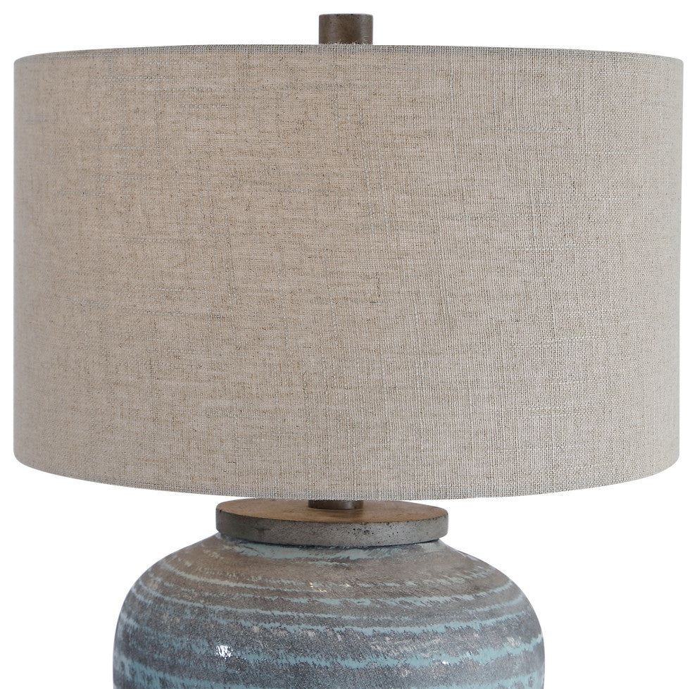 Rustic Bohemian Round Aqua Blue Gray Table Lamp, Ceramic Vintage Style Cottage