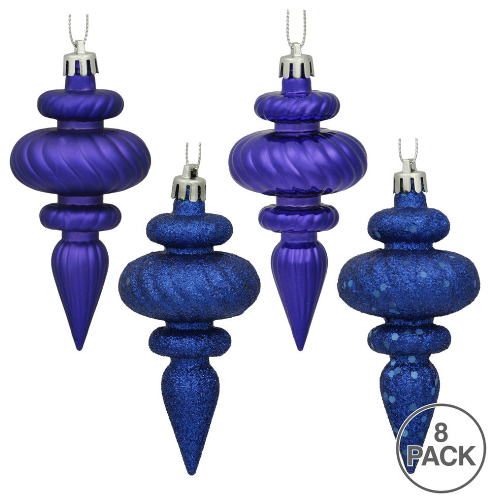 Vickerman N500022 4" Cobalt Blue 4-Finish Finial Ornament, 8 Per Box