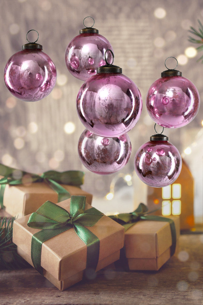 Set of 6 Antique Rose Pink Glass Ball Ornament in Window Box, 4"x3"