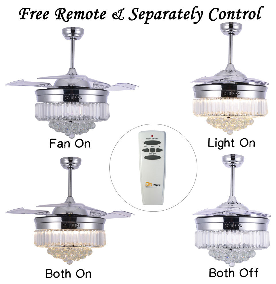 Unique Caged Ceiling Fan with Remote, LED light, Retractable Blades, Chrome