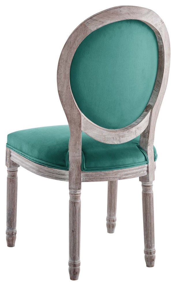 French Vintage Side Dining Chair, Velvet, Wood, Brown Natural Blue, Modern