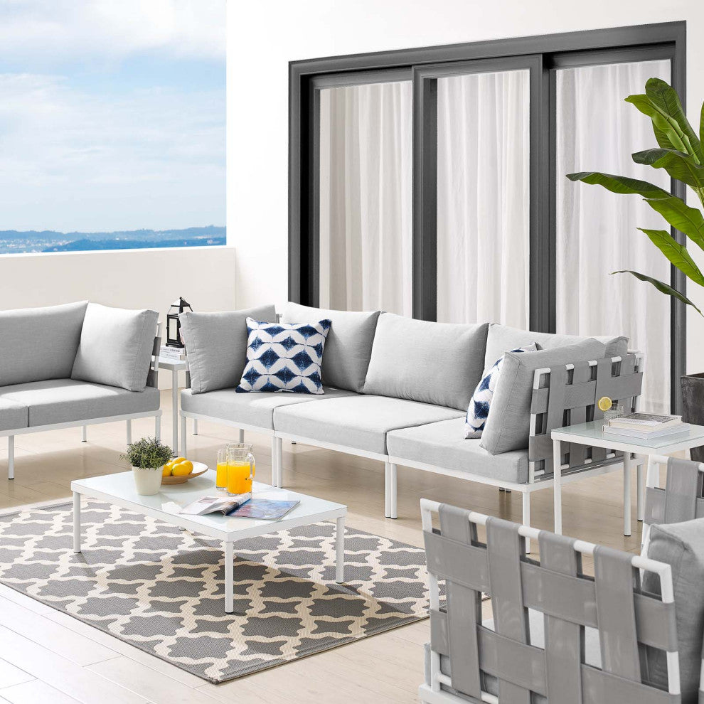 Lounge Sectional Sofa Chair Table Set, Sunbrella, Aluminum, Gray, Outdoor