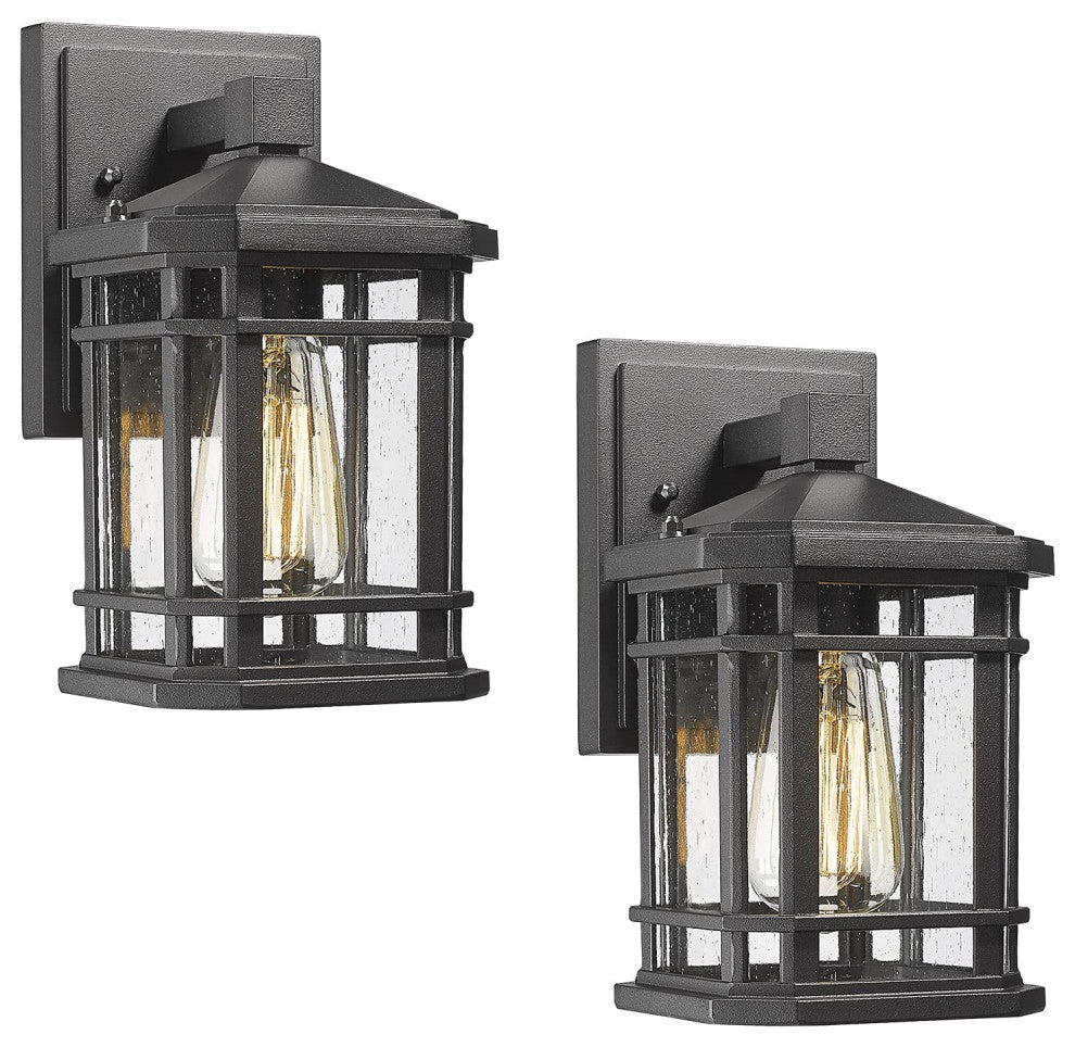 2 Pack Exterior Wall Sconces Black Outdoor Wall Lantern With Seeded Glass Shade