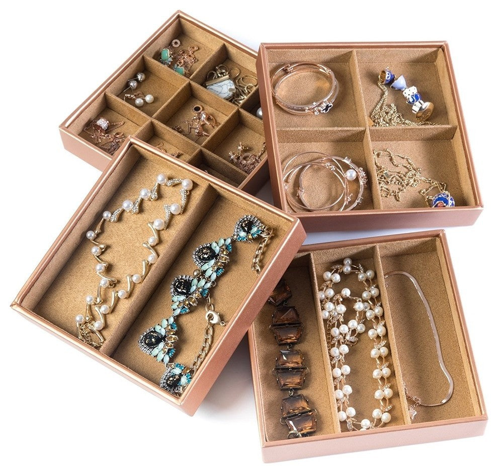 Stackable Jewelry Trays Organizer Storage, Camel Brown, Set of 4