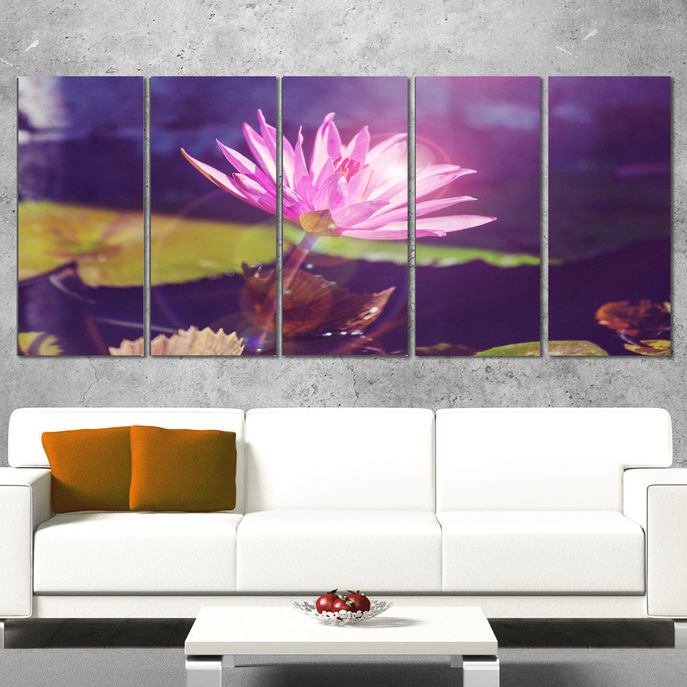 Pink Lotus Flower on Blue Background, Floral Canvas Art Print, 60"x28", 5 Panels