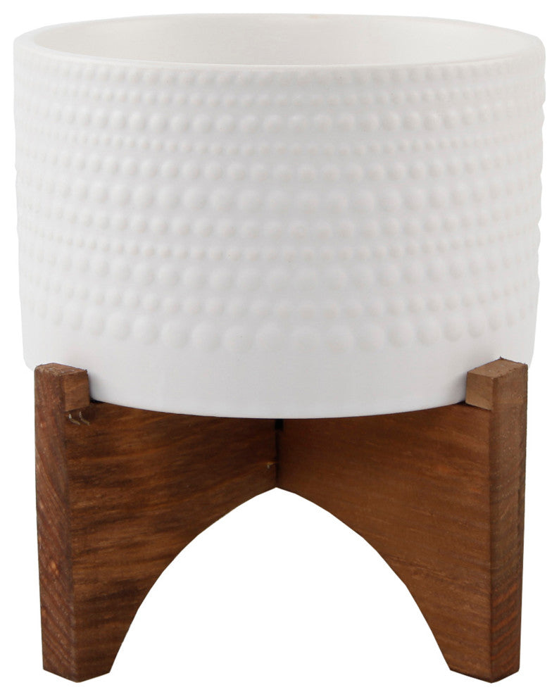 5"  Hobnail Ceramic Planter On Wood Stand, Matte White