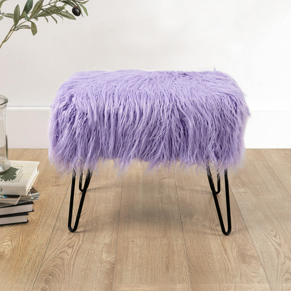 Mongolian Fur Ottoman, Lavender, 19''x13''x17''