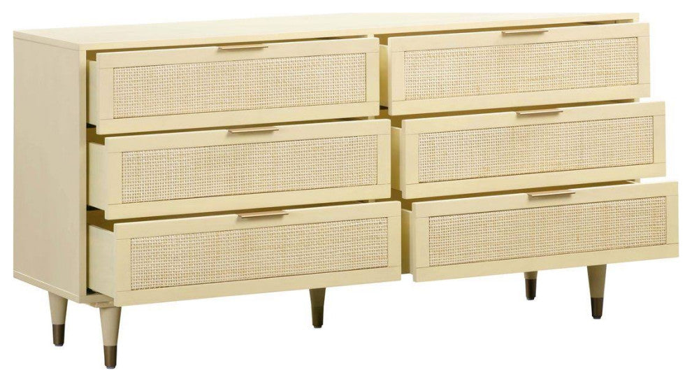 Sierra 6 Drawer Dresser, Beach Rattan Cabinet, Jungle Wicker Chest, Buttermilk