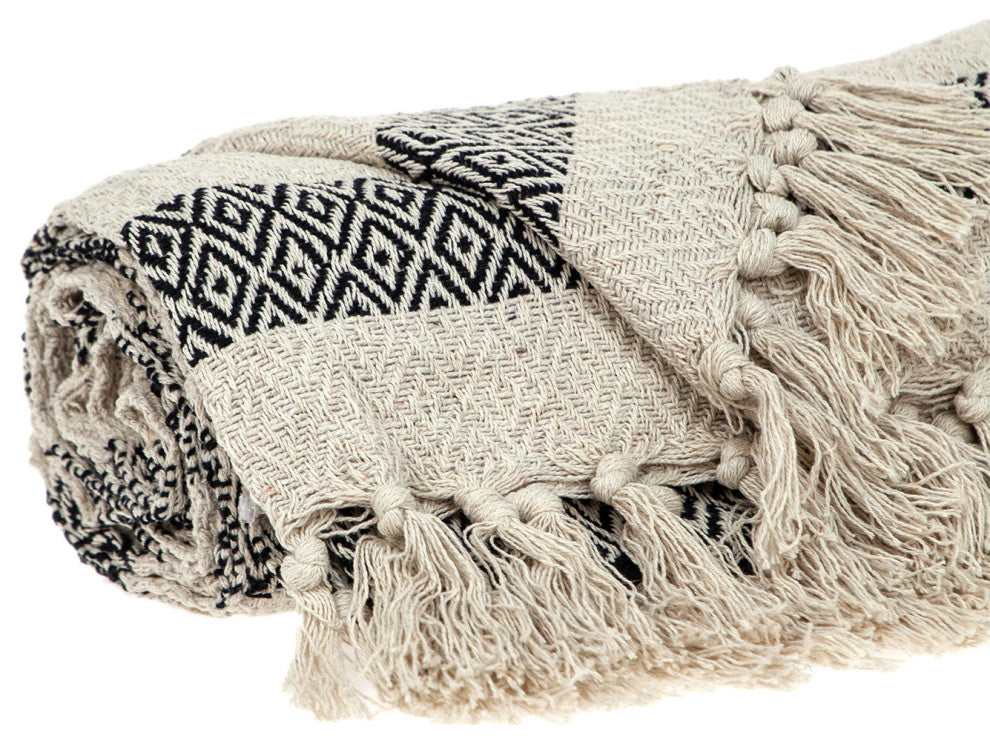 Black and Beige Diamond Weave Soft Cotton Handloom Throw