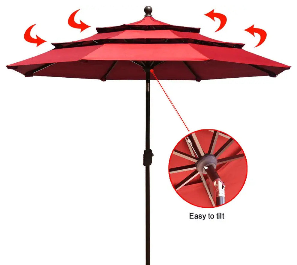 9ft Patio Umbrella with Crank Lift and Ventilated 3 Tier Design, Logo Red