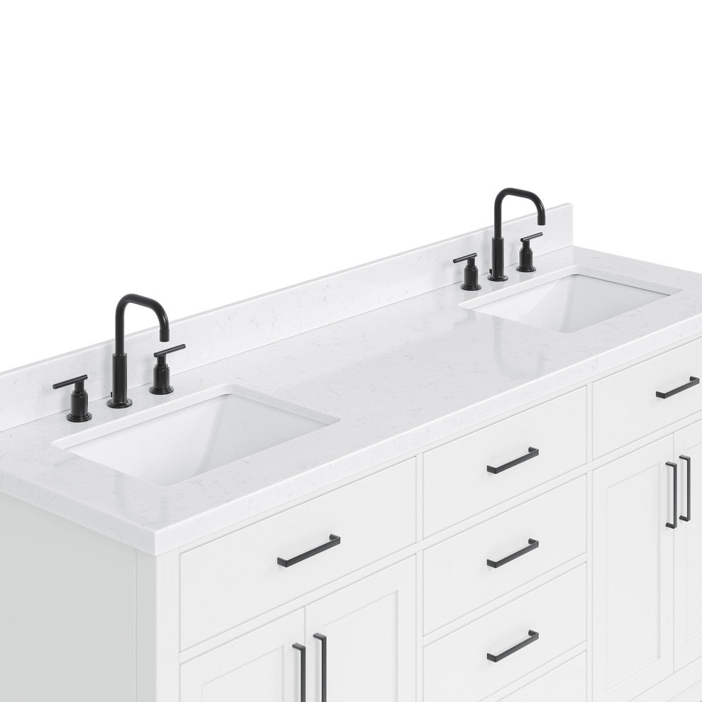 Ariel Hepburn 72" Double Rectangle Sinks Vanity, Carrara Quartz, White