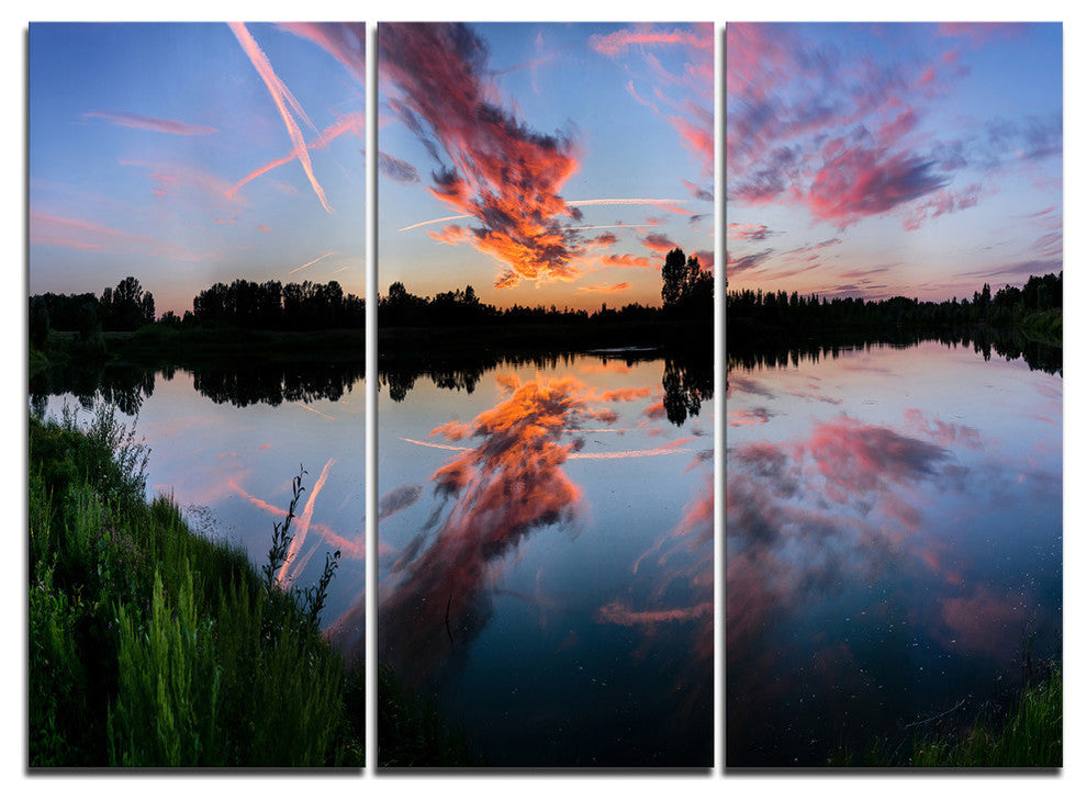 "Sunset Sky Mirrored in Lake Water" Metal Wall Art, 3 Panels, 36"x28"