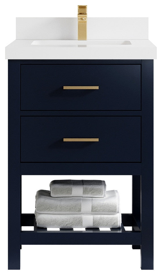 Parker 24" Single Sink Bath Vanity, Navy Blue 2" White Quartz