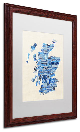 Michael Tompsett 'Scotland Text Map Blue' Matted Framed Art, White Mat, 20"x16"