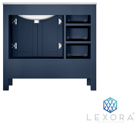 Jacques 36" Vanity, Wht Carrara Marble Top w/ 34" Mirror, Navy Blue, Right