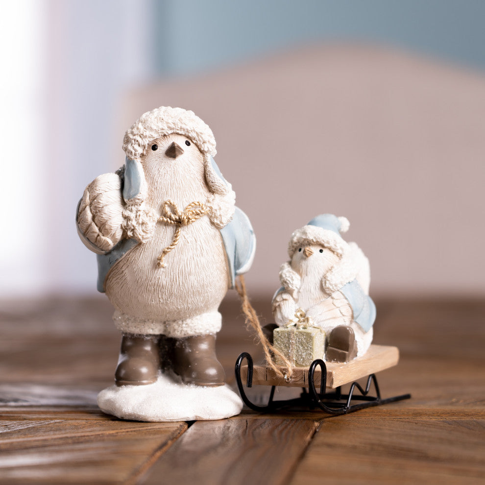Winter Bird With Sled Figurine, Set of 2