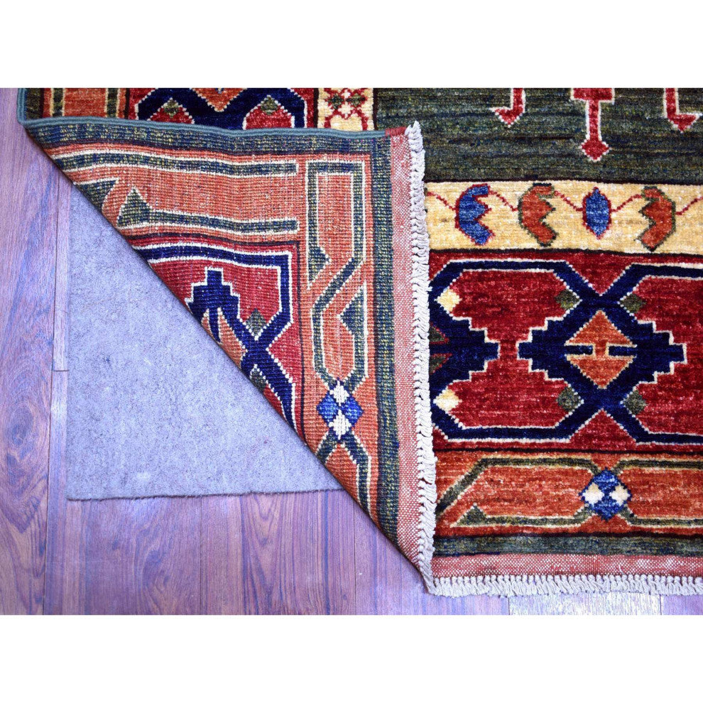 Olive Green Turkeman Ersari Hand Knotted Pure Wool Oriental Rug, 4'0" x 9'8"