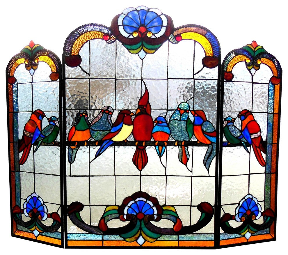 AVES, Gathering Birds Design 3pcs Folding Fireplace Screen, 40" Wide