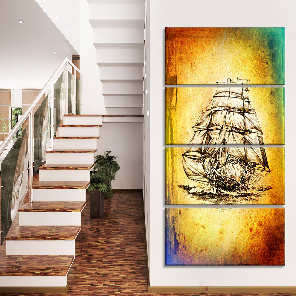 Colorful Old Moving Boat Drawing, Seashore Wall Art on Canvas, 28"x48", 4 Panels