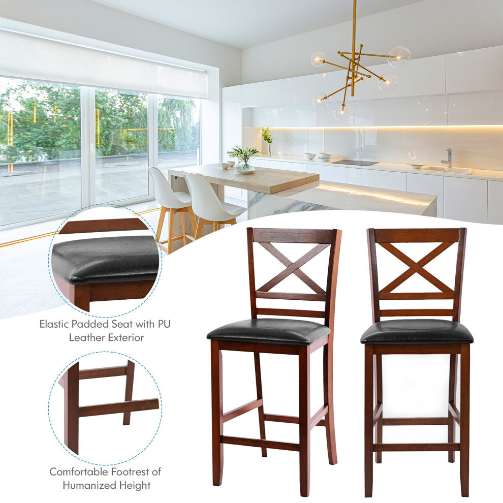 Costway Set of 2 Bar Stools 25'' Counter Height Chairs w/PU Leather Seat Walnut