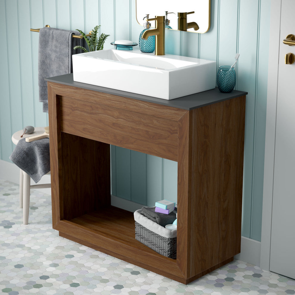 Rennes 36" Reclaimed Wood Vanity, Walnut With Slate Countertop/Vessel Sink