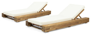 Ursula Outdoor Acacia Wood Chaise Lounge and Cushion Set, Set of 2, Cream