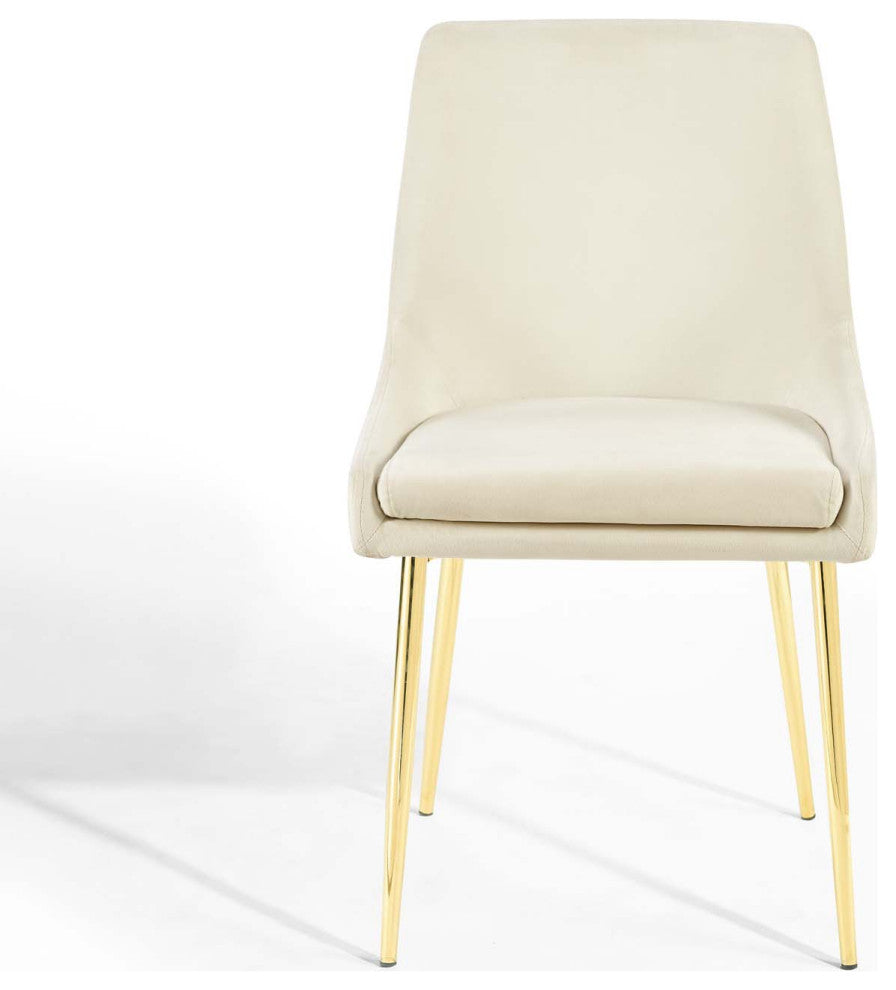 Side Dining Chair, Set of 2, Velvet, Metal, Gold Ivory White, Modern, Bistro