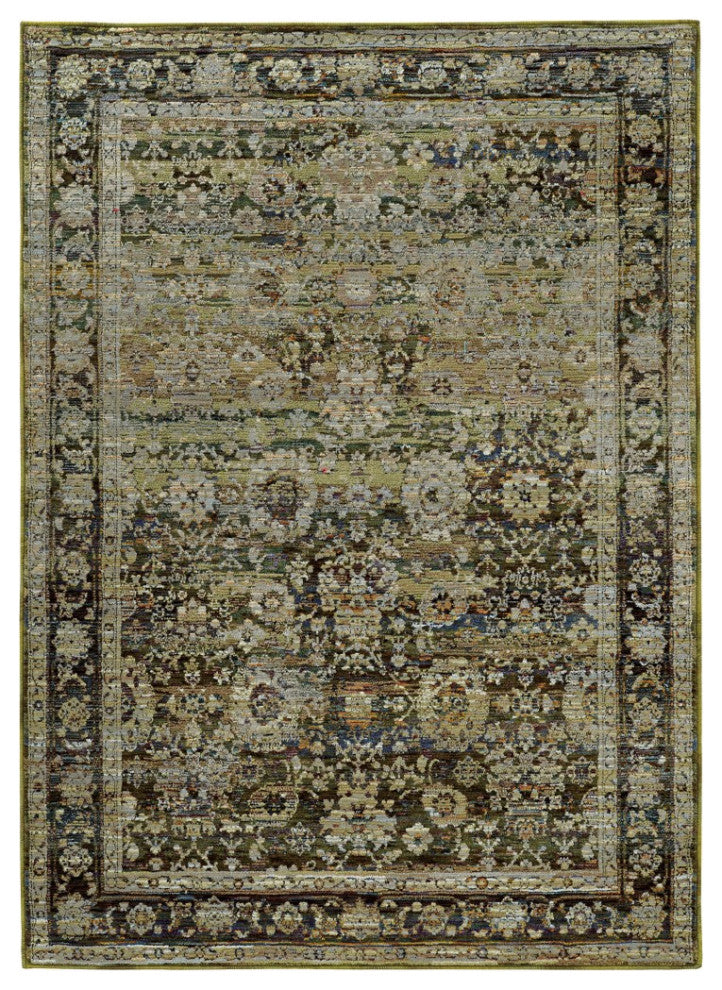 HomeRoots 9'x12' Green and Brown Distressed Floral Indoor Area Rug
