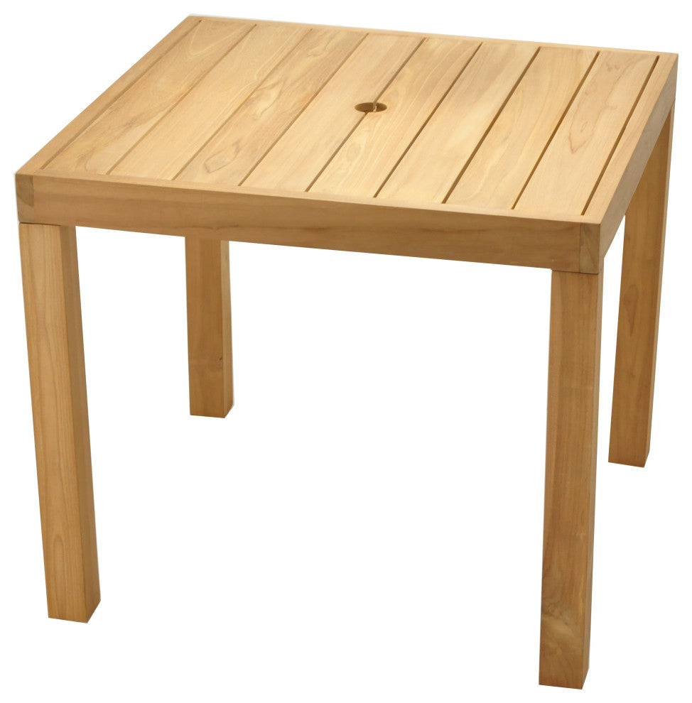 3-Piece Outdoor Teak Dining Set: 36" Square Table, 2 Wave Stacking Arm Chairs