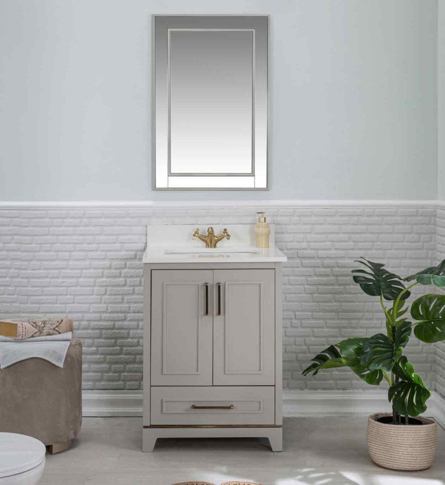 Albia Collection 24" Bathroom Vanity With Quartz Countertop and Ceramic Sink, Gray