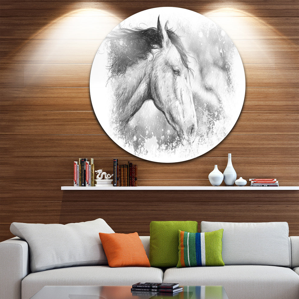 Horse Tattoo Art, Animal Digital Art Round Metal Wall Art, 36"