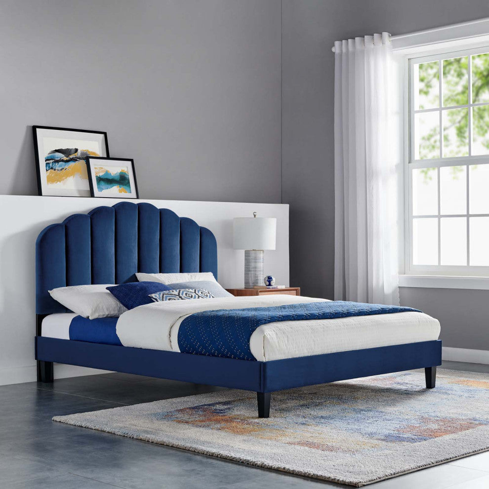 Platform Bed Frame, King Size, Blue Navy, Velvet, Modern, Bedroom Guest Suite