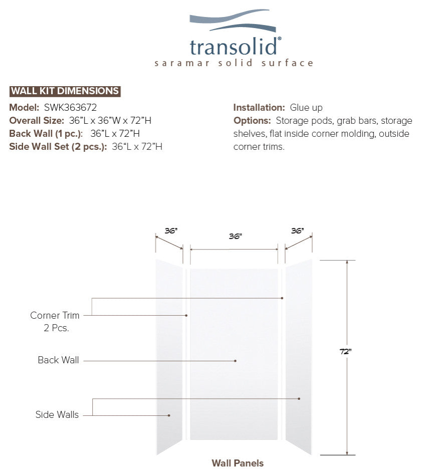 Transolid SaraMar 36"x36"x72" 3-Piece Shower Wall Kit, White Velvet