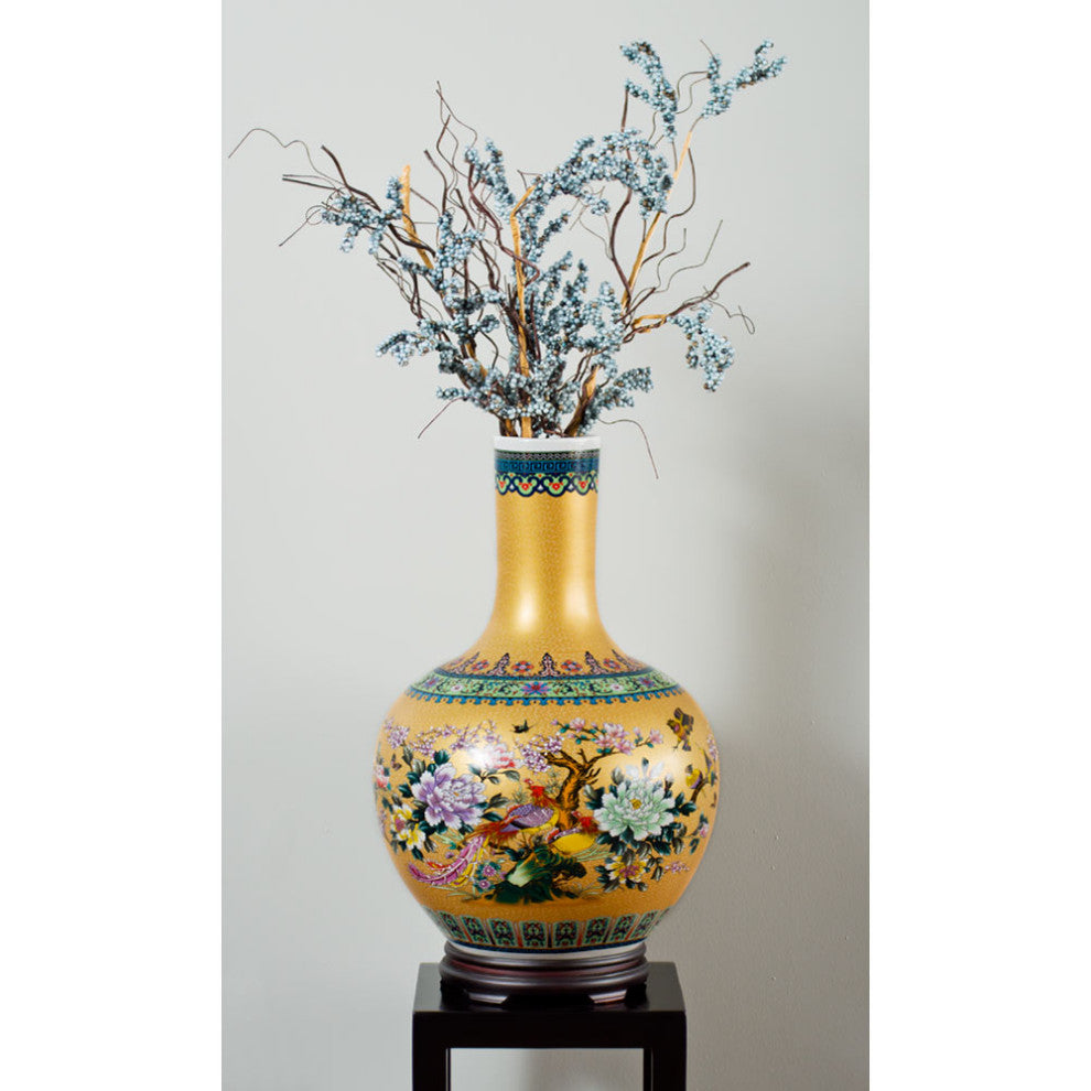 Gold Flower and Birds Chinese Porcelain Temple Vase, With Stand