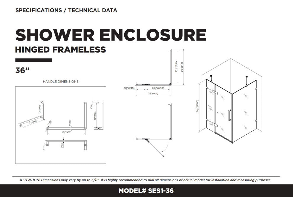 Shower Enclosure Hinged Frameless Tempered Glass, Black, 36"