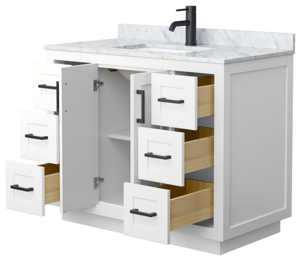 42" Single Bathroom Vanity, White, White Carrara Countertop, Sink, Black Trim