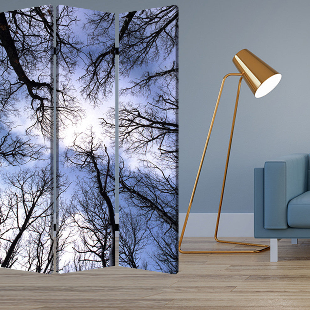 HomeRoots 1" x 48" x 72" Multi Color Wood Canvas Forest Screen