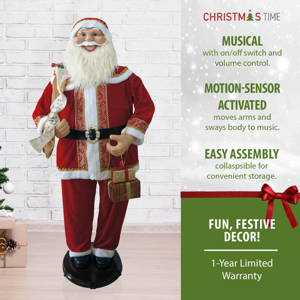 58" Dancing Santa Claus With Naughty and Nice List, Gifts and Toy Sack