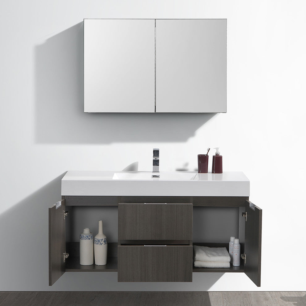 Valencia 48" Gray Oak Wall Hung Bathroom Vanity Set, Cabinet, Faucet FFT3111CH