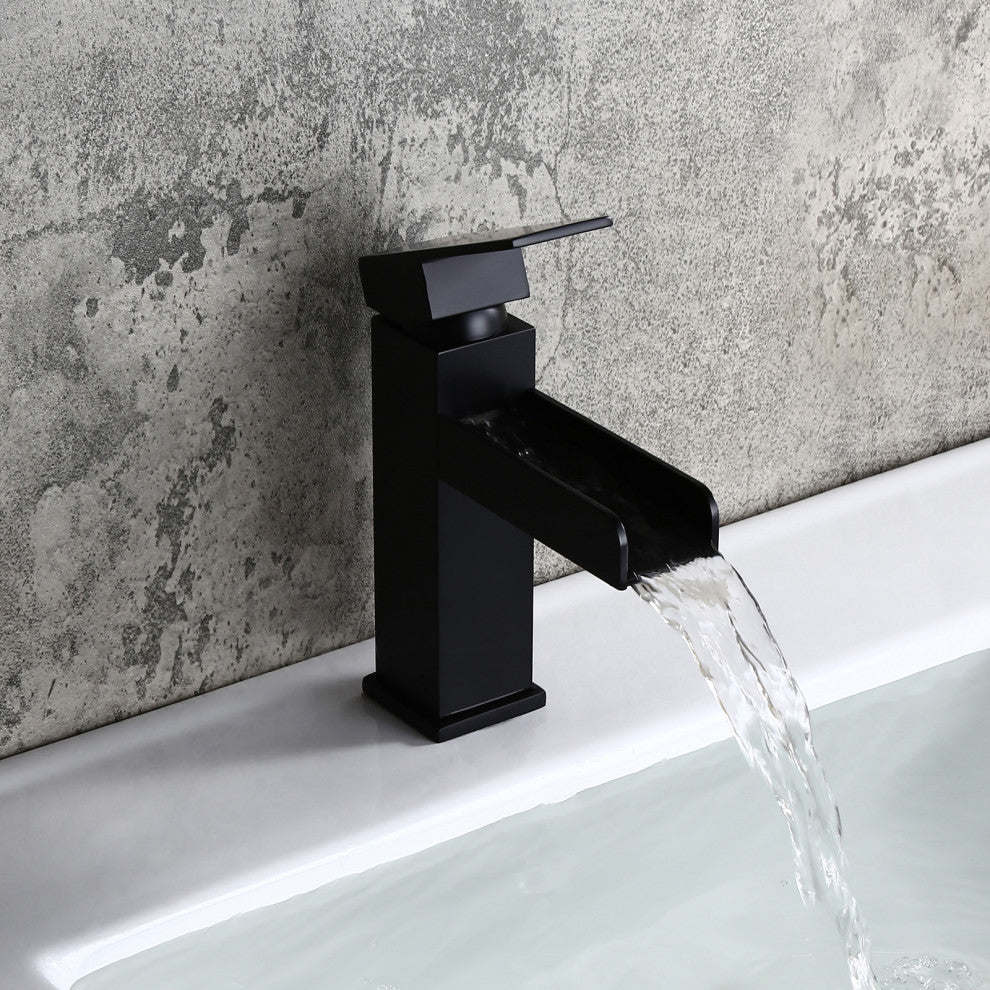 Modern Single Handle One Hole Waterfall Bathroom Sink Faucet Solid Brass, Matte Black