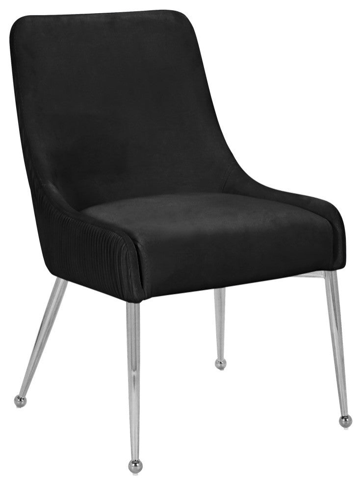 The Ace Dining Chair, Black and Chrome, Pleated Velvet, Set of 2