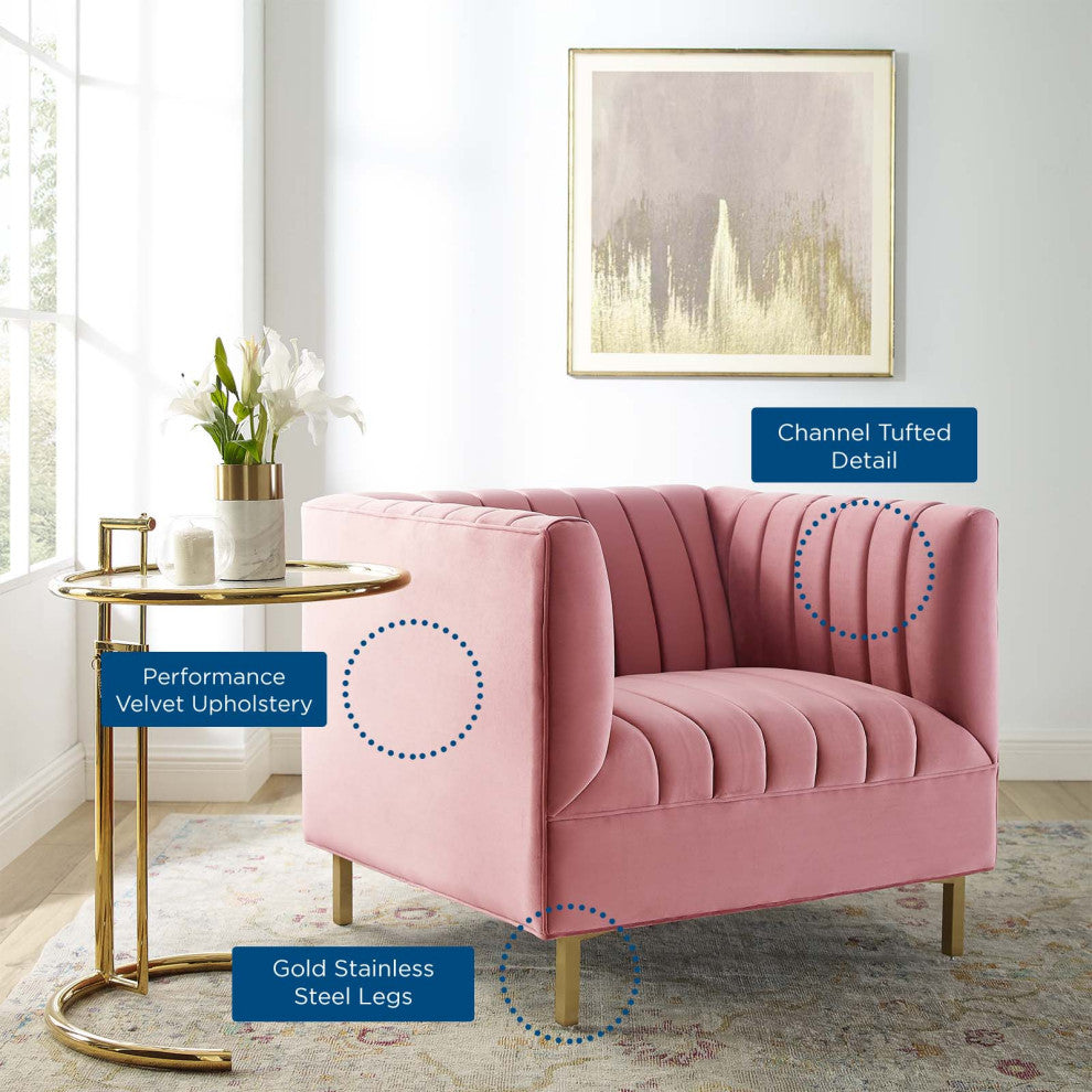 Tufted Armchair Accent Chair, Velvet, Pink, Modern, Living Lounge Hospitality