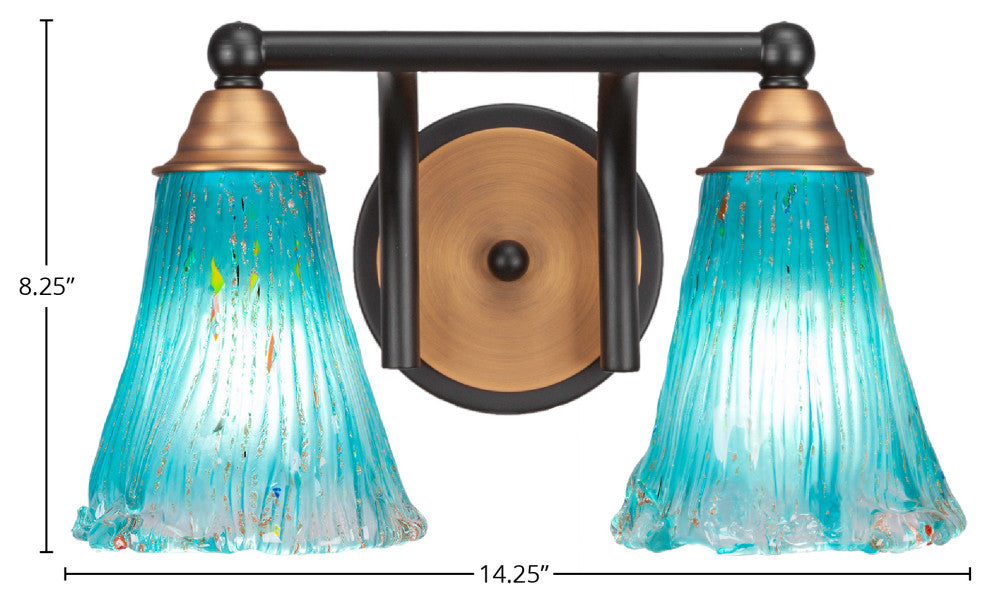 Paramount 2-Light Bath Bar, Matte Black & Brass, 5.5" Teal Crystal Glass
