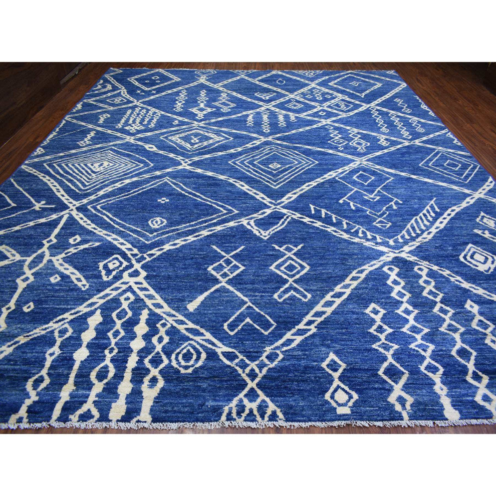 Denim Blue Hand Knotted, Soft and Shiny Wool, Moroccan Berber Rug, 12'3"x14'3"